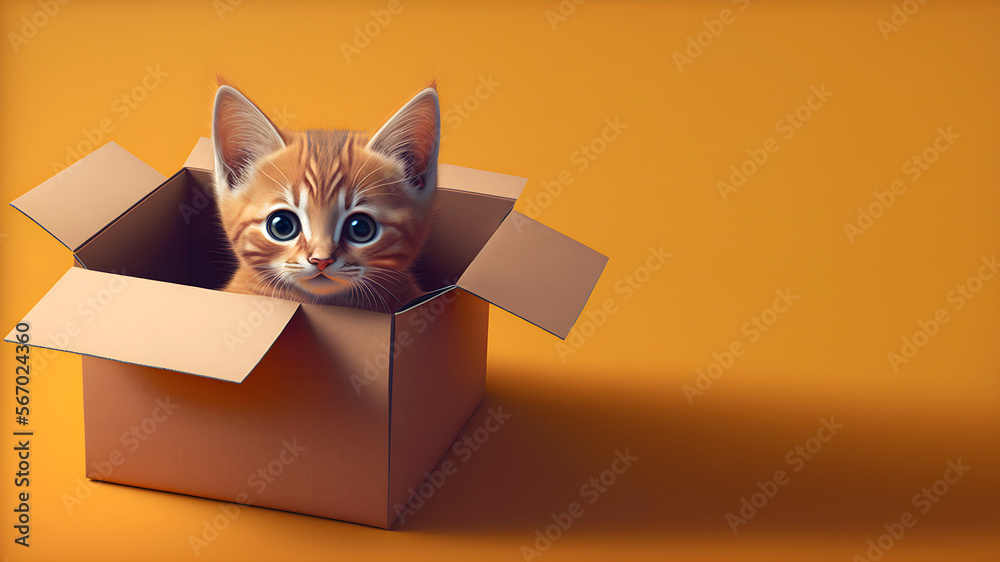Cat in cardboard box on orange background. generative Ai