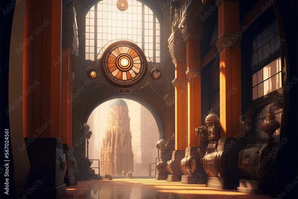 city with art nouveau and steampunk structures, Generative AI