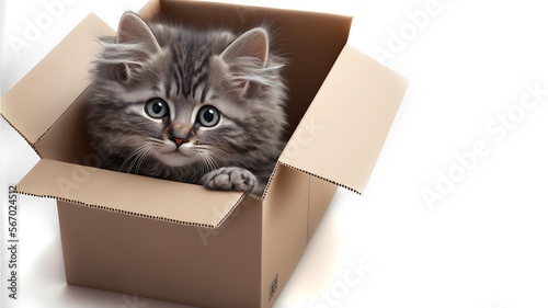 Grey cat in cardboard box on white background. generative Ai