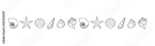 Seashells border divider outline. Sea and ocean design template. Vector illustration summer or beach party, advertising design © Aletheia Shade