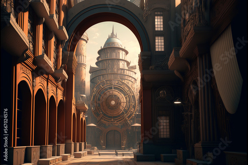 city with art nouveau and steampunk structures, Generative AI