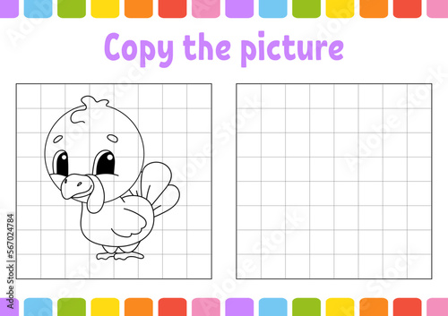 Copy the picture. Coloring book pages for kids. Education developing worksheet. Game for children. Handwriting practice. Funny character. Vector illustration.