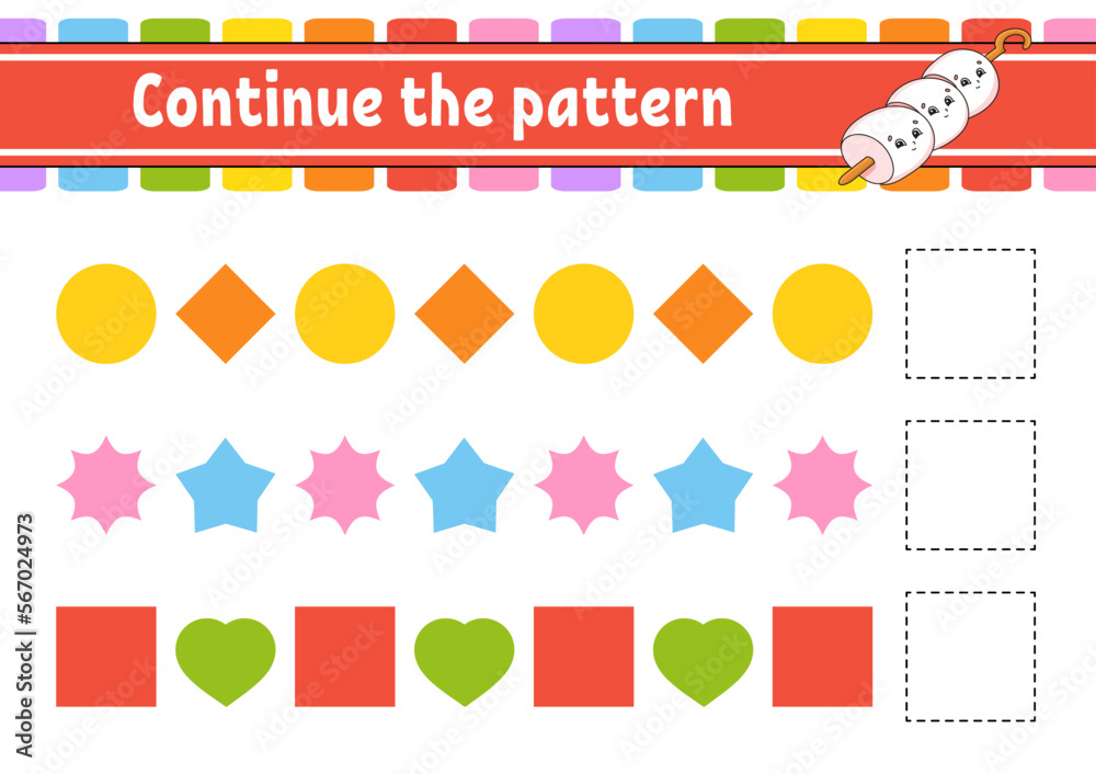 Continue the pattern. Education developing worksheet. Game for kids. Activity page. Puzzle for children. Riddle for preschool. Cute cartoon style. Vector illustration. Continue the pattern. Education developing worksheet. Game for kids. Activity page. Puzzle for children. Riddle for preschool. Cute cartoon style. Vector illustration.