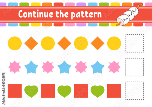 Continue the pattern. Education developing worksheet. Game for kids. Activity page. Puzzle for children. Riddle for preschool. Cute cartoon style. Vector illustration.