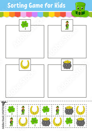 Sorting game for kids. Cut and glue. Education developing worksheet. Matching game for kids. Color activity page. Puzzle for children. Cute character. Vector illustration.