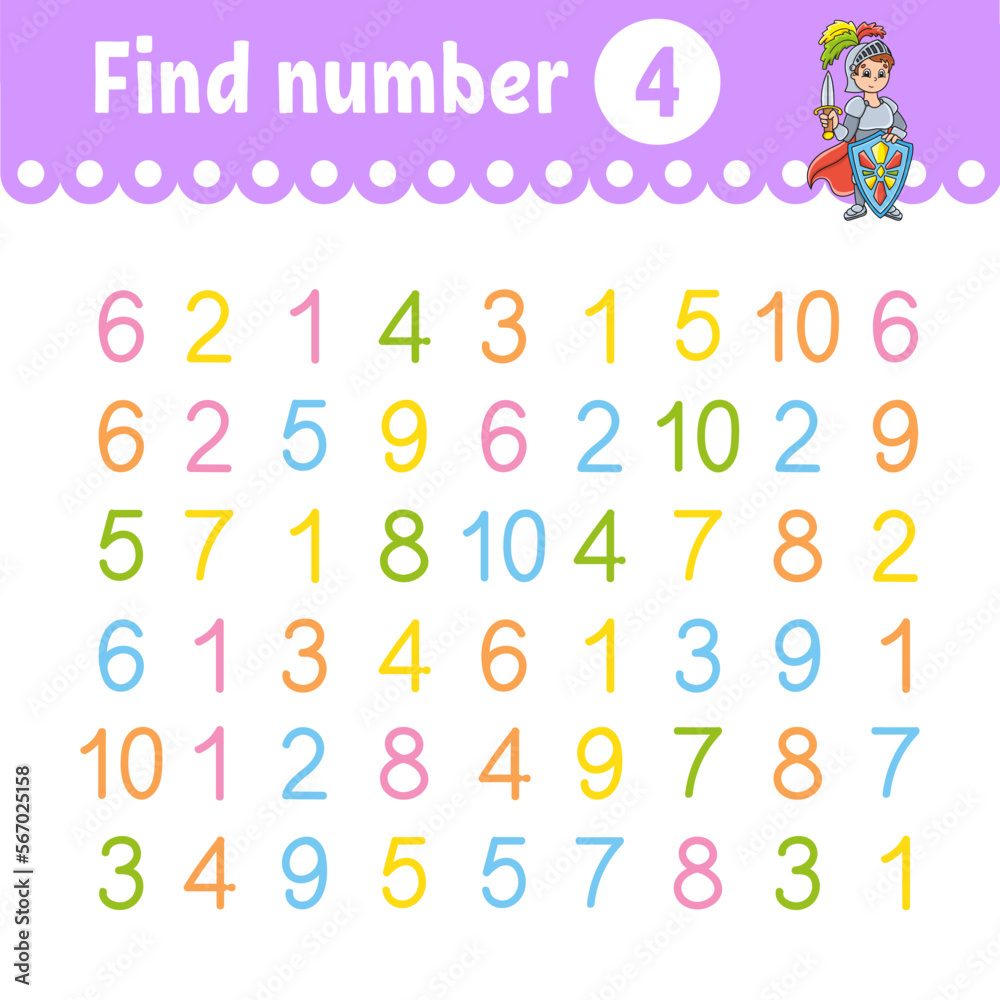 Find number. Education developing worksheet. Activity page with pictures. Game for children. Funny character. cartoon style. Vector illustration. Find number. Education developing worksheet. Activity page with pictures. Game for children. Funny character. cartoon style. Vector illustration.