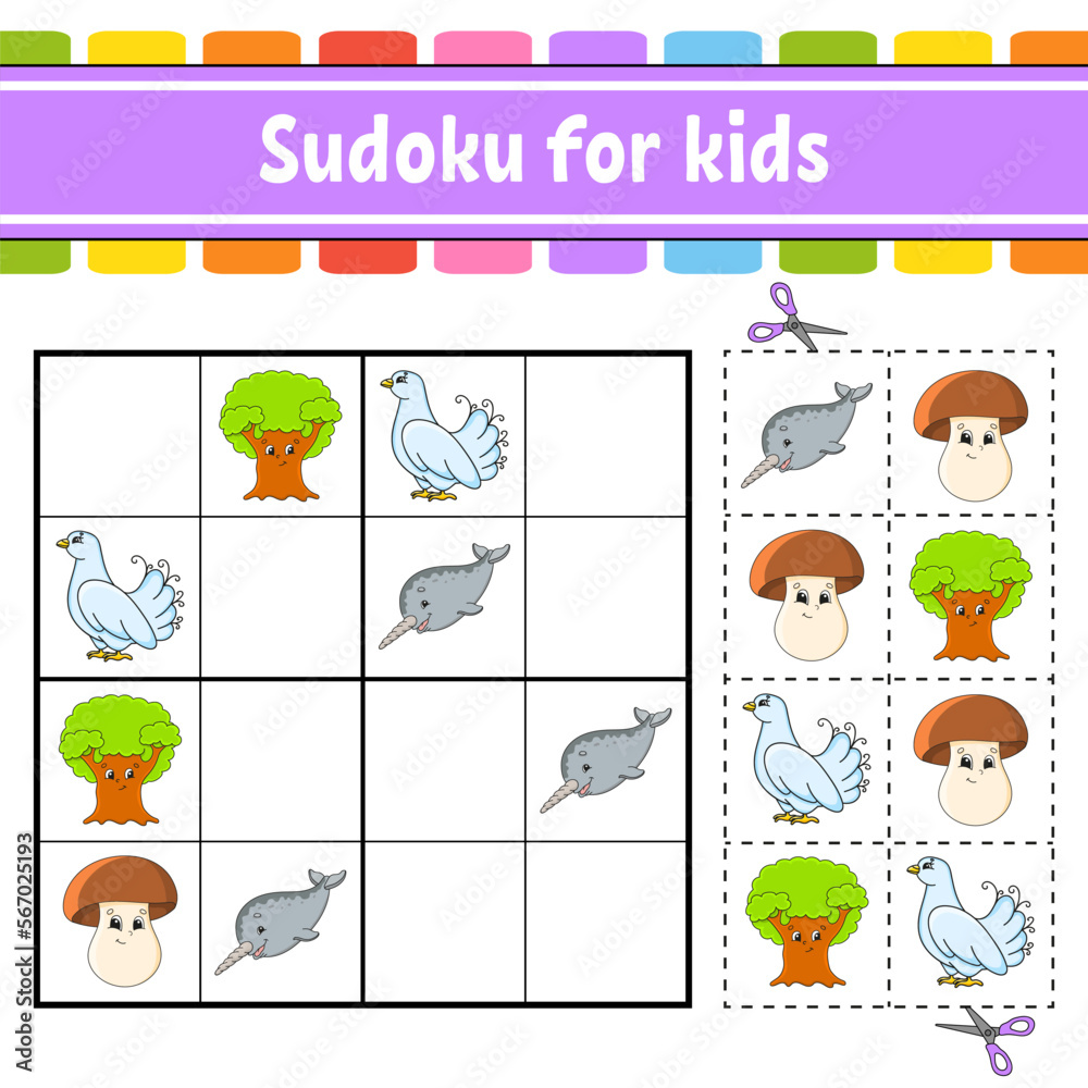 Sudoku for kids. Education developing worksheet. Activity page with pictures. Puzzle game for children. Logical thinking training. Isolated vector illustration. Funny character. cartoon style.