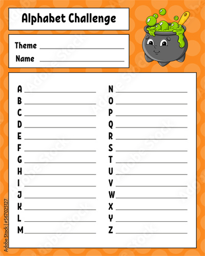 Alphabet challenge. Educational activity worksheet for kids and toddlers. Game for children. Vector illustration.