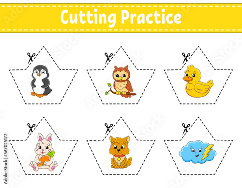 Cutting practice for kids. Education developing worksheet. Activity page. Vector illustration.