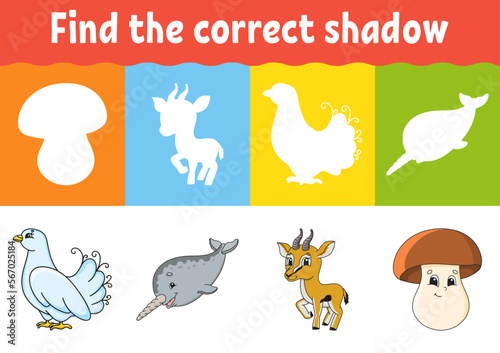 Find the correct shadow. Education worksheet. Matching game for kids. Color activity page. Puzzle for children. cartoon character. Isolated vector illustration.