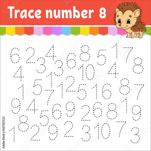 Trace number . Handwriting practice. Learning numbers for kids. Education developing worksheet. Activity page. Vector illustration.
