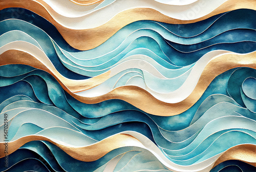 Sea waves pattern abstract background, blue and gold volumetric waves texture, imitation of watercolor painting created with Generative AI technology
