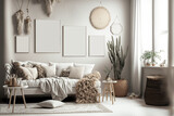 Mockup affiche dans un salon design minimaliste tendance scandinave bohème cosy, mur avec cadres blancs  vides, plante, plaid (AI)