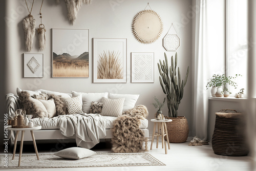 Salon design inspiration tendance minimaliste scandinave bohème cosy, mur avec cadres, plante, plaid, coussins (AI) photo