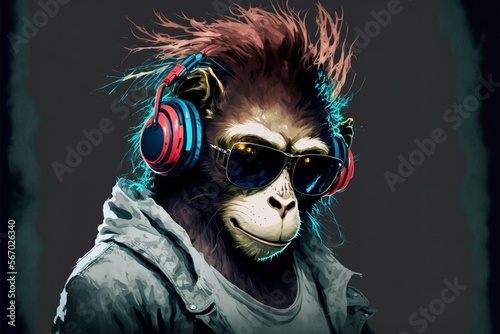 Monkey wearing headphone. Generative Ai.