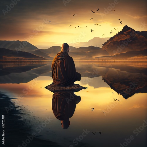 Buddhist monk meditating on calm lake at morning sunrise . Mind faith and meditation concept. Peculiar image. Generative AI