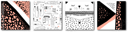 Modern stylish illustrations with cats and abstract elements. Seamless background with cute kittens. Stylish muzzle cats. Fashionable template for design.