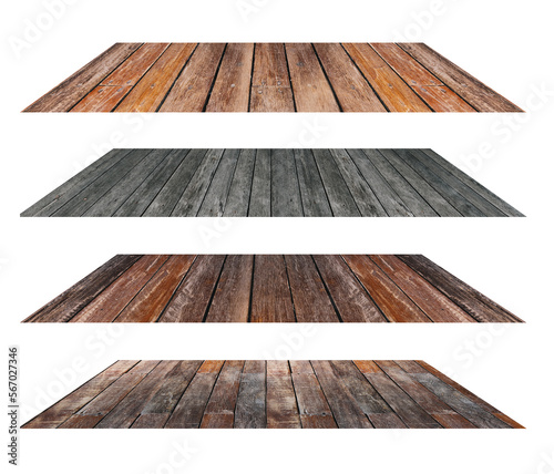 Collection of Wood table top. Wooden floor. Wooden table for product display and presentation Isolated on PNG transparent background