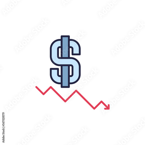Arrow and Dollar sign vector Recession and Devaluation colored icon
