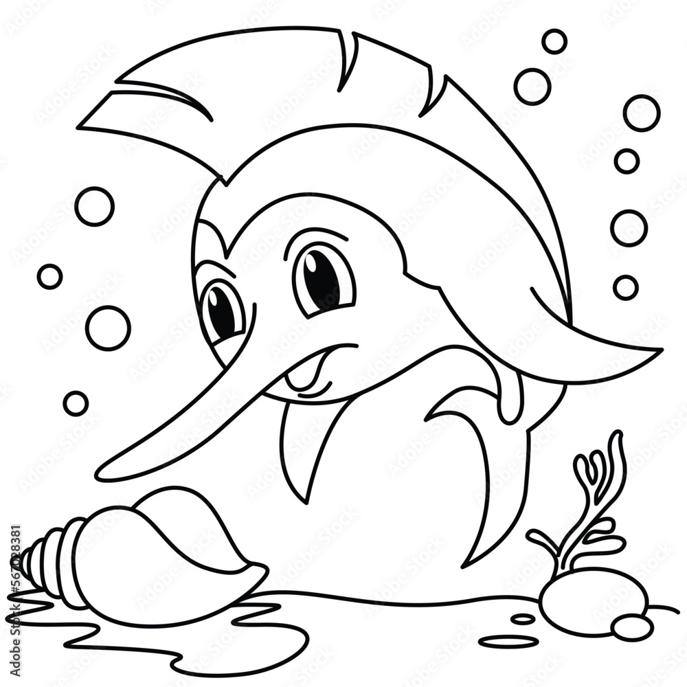 Funny marlin fish cartoon characters vector illustration. For kids