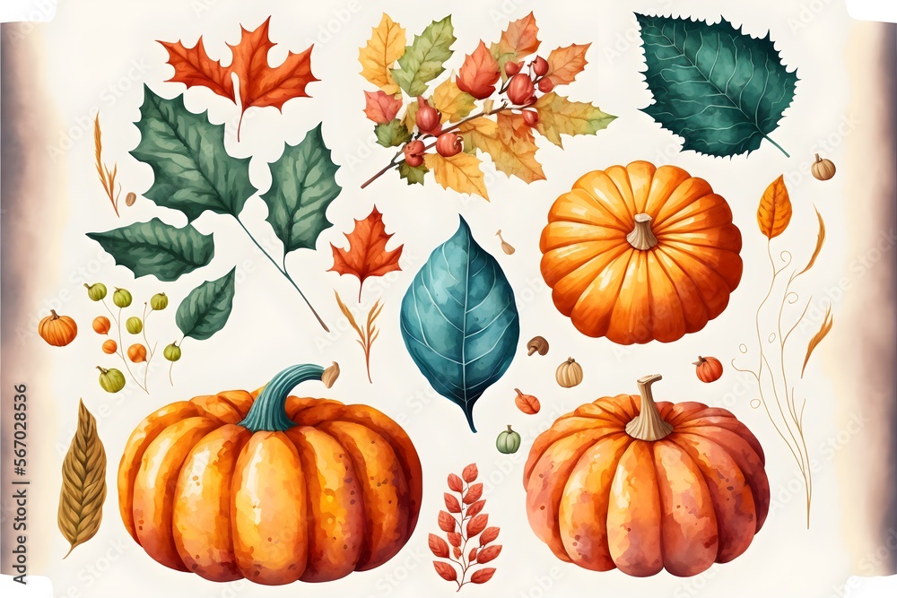 Set of colorful autumn leaves and pumpkins. watercolor generative ai created art and collection