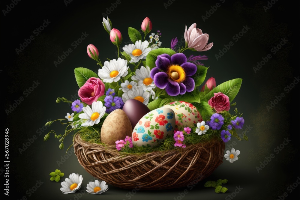 Easter basket with painted eggs and flowers. Easter holiday. Generative AI