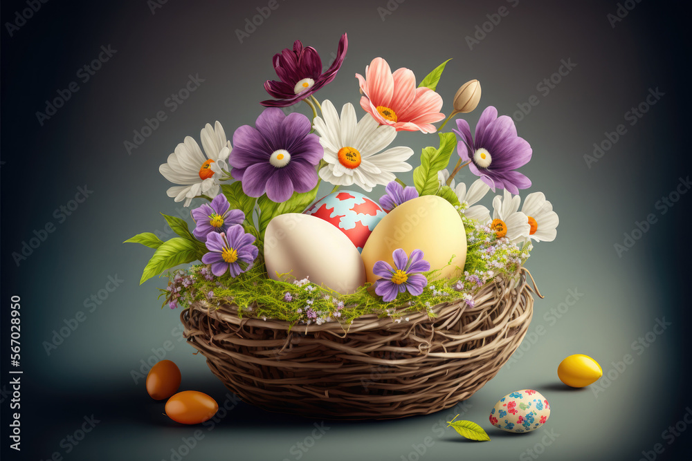 Easter holiday. Easter basket with eggs and flowers. Generative AI