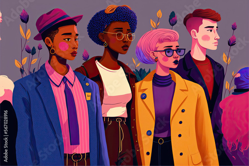 Group of organic flat non-binary people, illustration. Generative AI photo