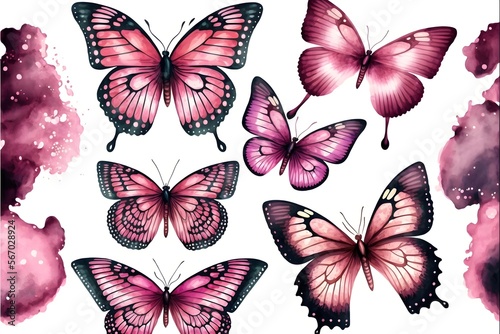 Set of pink flying butterflies. generative ai  Beautiful watercolor Set 