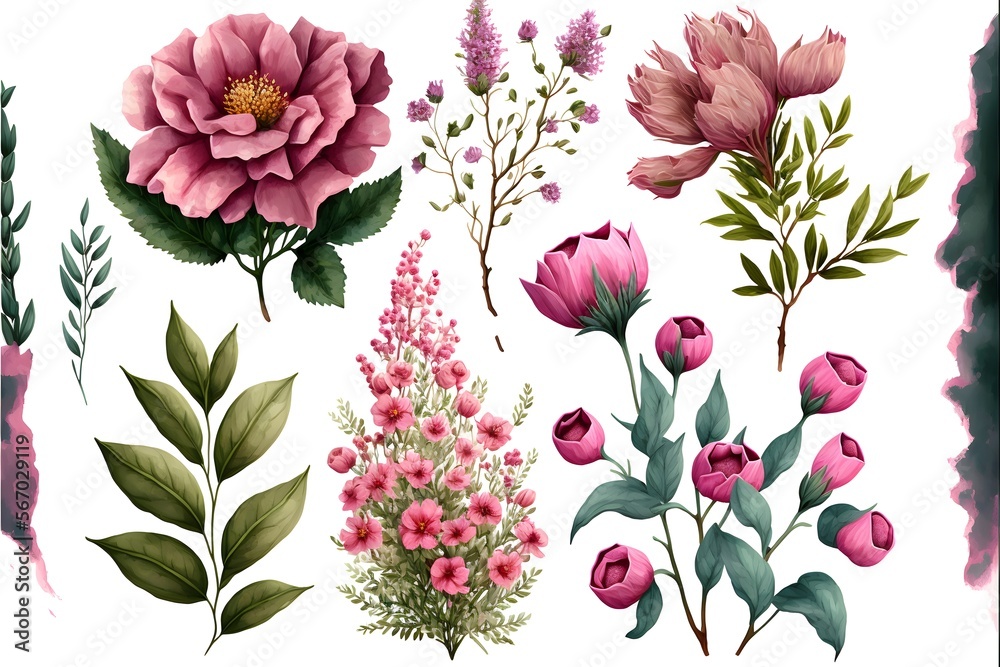 Set of pink garden flowers, Beautiful floral elements,  generative ai