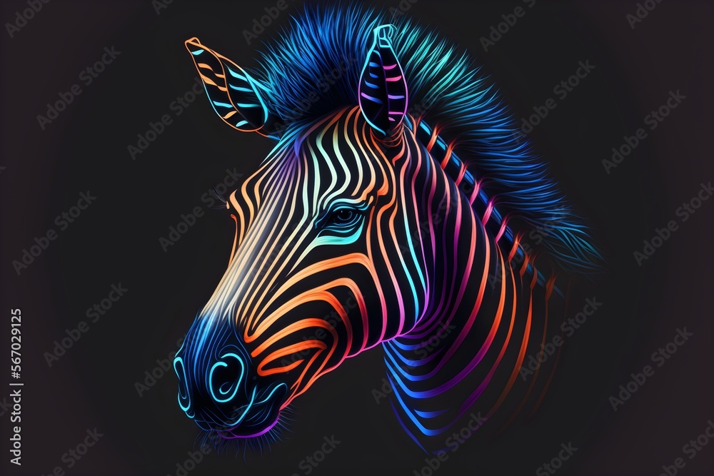 A beautiful neon zebra head icon. Generative AI. - obrazy, fototapety, plakaty 