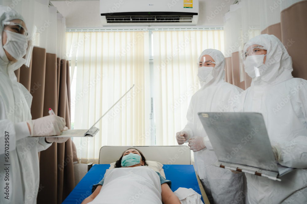coronavirus COVID-19 flu disease concept, professional doctor and staff team wearing protection uniform and surgical face mask to working in hospital