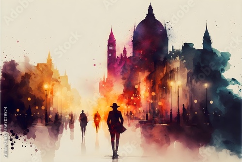 person in the night  abstract watercolor metropolis background with splashes  skyscraper  famous  drawing  postcard  modern  building  generative ai