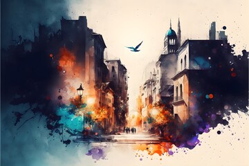 Glasbilder Sammlungen Watercolor painting of the Europe city, generative ai, illustration, background, watercolor, texture, art, architecture  © DurffeeMill