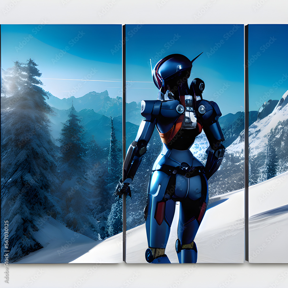 Naklejka premium futuristic robot looking at a snowy mountain (created with AI technology)