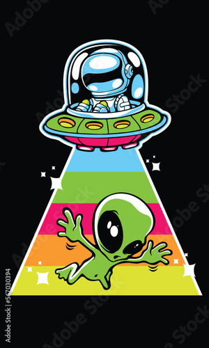 astronaut abducting alien vector illustration design.
The design is suitable for use on t-shirts and posters.
