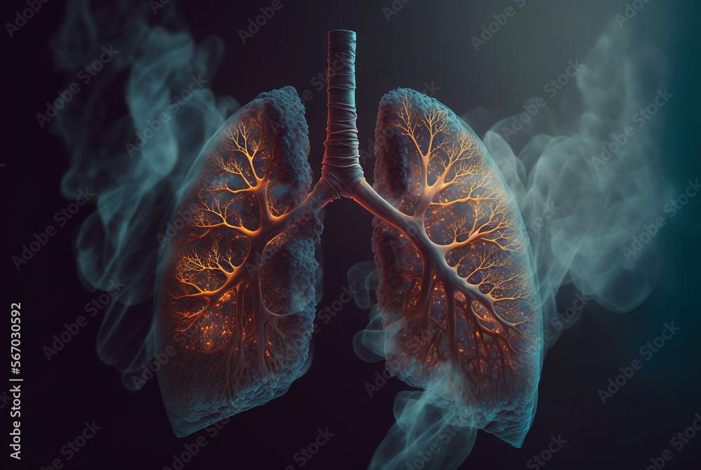 Human lungs with smoke. Tobacco harm concept. Generative AI Human lungs with smoke. Tobacco harm concept. Generative AI