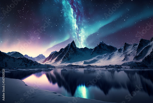 Northern landscape, aurora borealis, snow-capped mountains on the shore of the laket. Generative AI. © Zelma