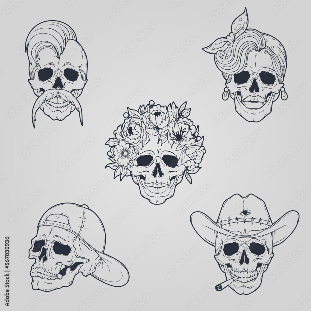 Fototapeta premium Hand drawn skull character set. Head wreath, cowboy, punk, mustache, headscarf, baseball cap. Tattoo design. Funny cartoon. Line art, outline, sketch, isolated. Vector illustration.
