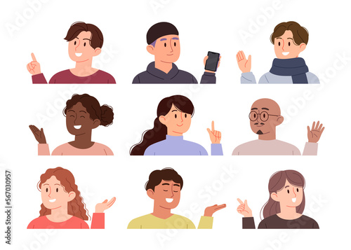 Upper body profiles of people of different races and genders. People wave hand or point at something. Set of positive people.