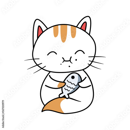 Cute cat eating fish cartoon vector icon illustration