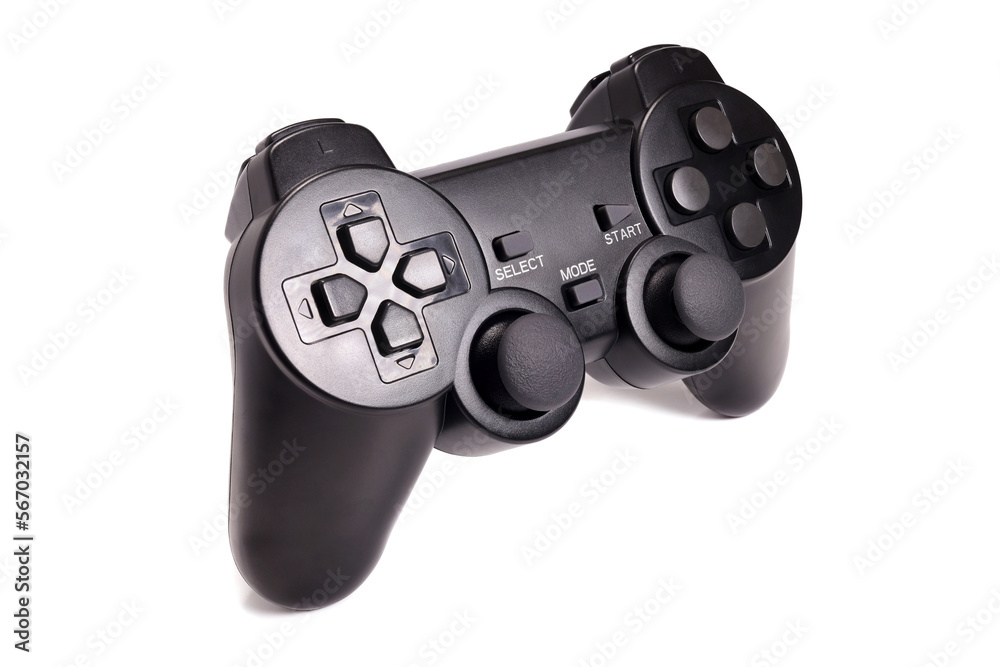 Black modern joystick gamepad isolated on white. computer gaming videogame concept Black modern joystick gamepad isolated on white. computer gaming videogame concept