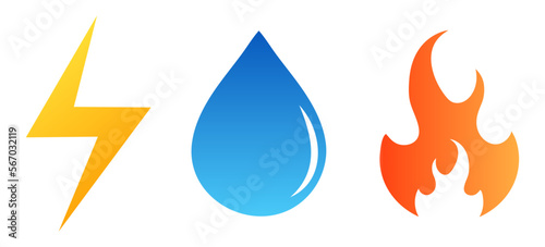 Power, heat, and water - vector icons. Gas, electricity, water utilities. Communal facilities signs.