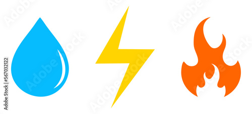 Gas, water, electricity icons. Vector utilities signs. Power, heat and water.