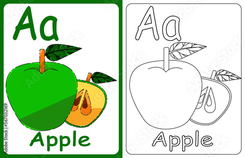 Kids ABC cards. Letter study set, english alphabet with food, animals and fairy tale characters cartoon.coloring book. Letter Aa