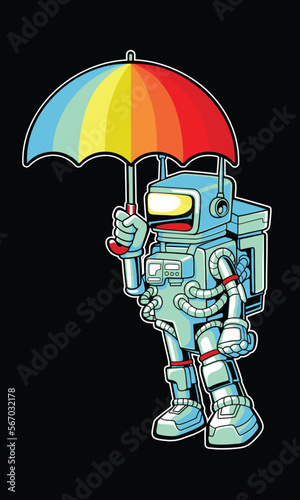 Rainbow umbrella robot Vector  Illustration. Science Technology Icon Concept Isolated Premium Vector. Flat Cartoon Style