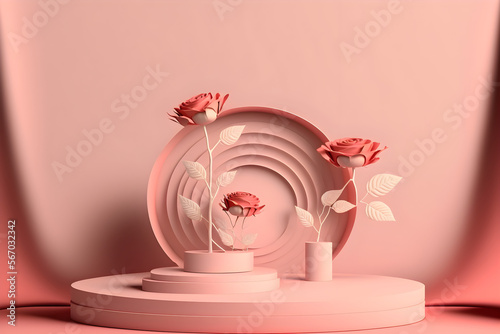 3D rose flowers valentine's day podium pastel pink background Minimal and Luxury style for beauty, cosmetic product, realistic, Generative AI.