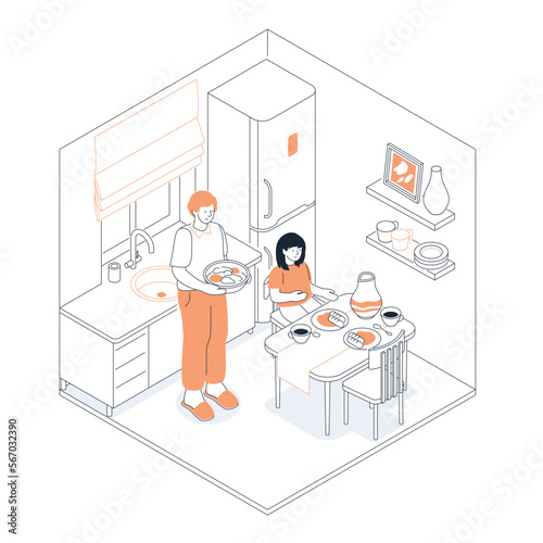 Family lunch in the kitchen - modern line design style isometric illustration