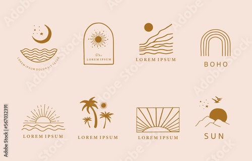 Collection of line design with sun,sea,wave.Editable vector illustration for website, sticker, tattoo,icon