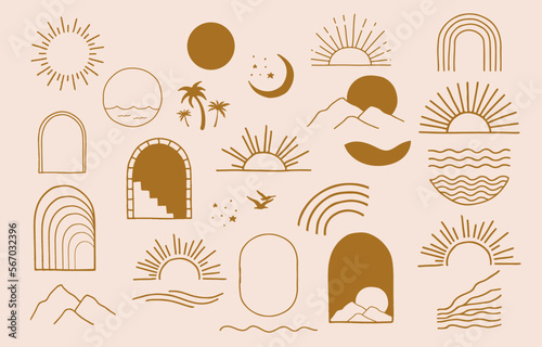 Collection of line design with sun,sea,wave.Editable vector illustration for website, sticker, tattoo,icon